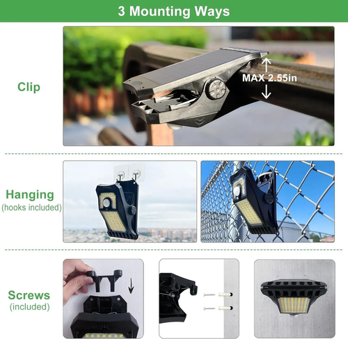 Solar-powered portable clip-on light, outdoor patio motion sensor lighting, garden terrace LED wall light
