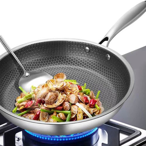 Best Selling Pure Cooking Steak Induction Stainless Steel Fry Pan with Glass Lid Wok Honeycomb Non-Stick Pan