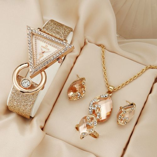 2024 Diamond Watch Creative Fashion Triangle Quartz Watch Necklace Earring and Ring Set of 4