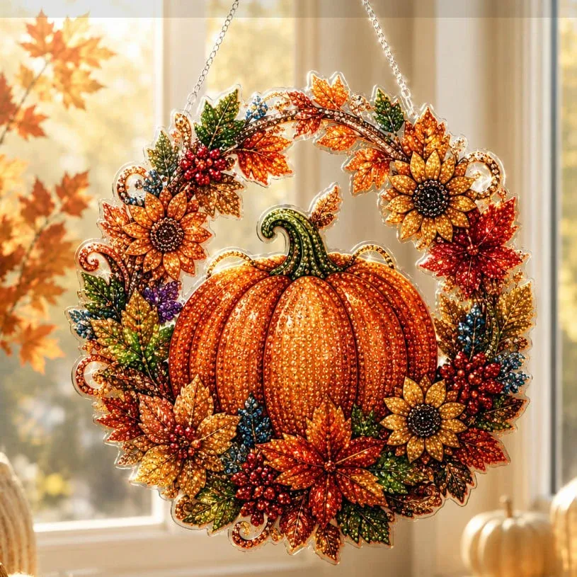 🍂 Autumnal pumpkin wreath with a diamond pattern to hang up – Complete DIY kit