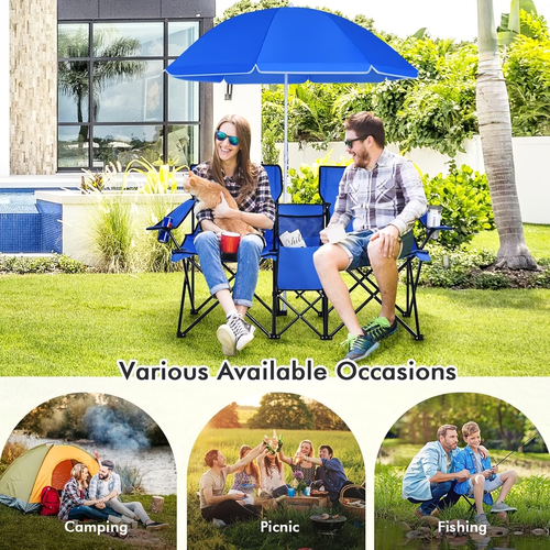 🔥Portable Folding Dual Chair Set - Includes Built-In Umbrella & Cooler Table