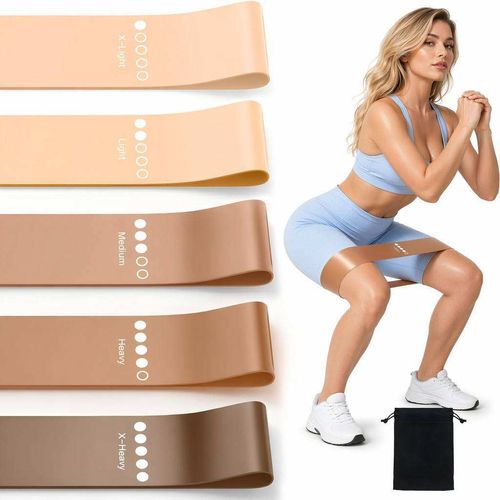 Resistance Bands Set of 5 - Natural LatexExercise Loop Bands 5-40 lbs, Home Gym,Yoga, Physio & Butt Workout, GradientBrown, With Carry Pouch