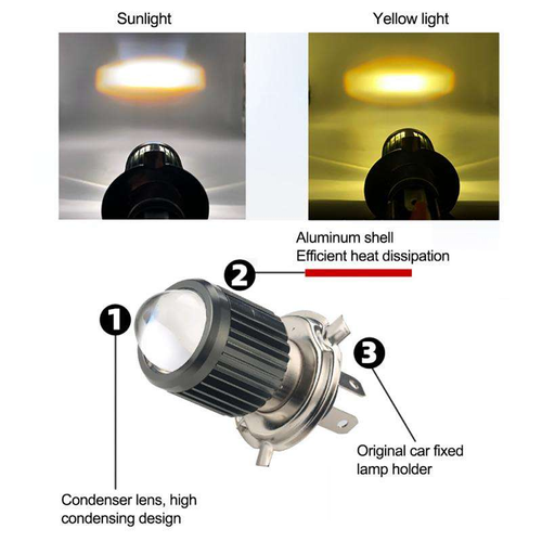 Motorcycle LED Headlight Bulb 3-Pin BA20DYellow-White Dual Beam with Lens - SuperBright 20W, Aluminium Body, IP68Waterproof, 12V, Fits CG125 & Most Bikes