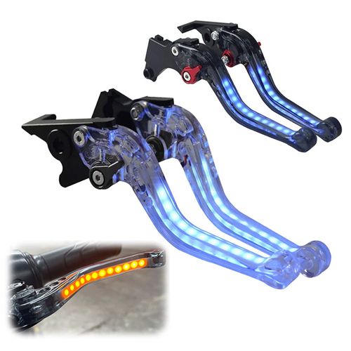 Brake and clutch lever set with a high-brightness LED strip moulded inside a see-through acrylic body. Standard 22 mm clamp, 165 mm blade, six-position reach dial. Bolts straight onto CG-series bikes.