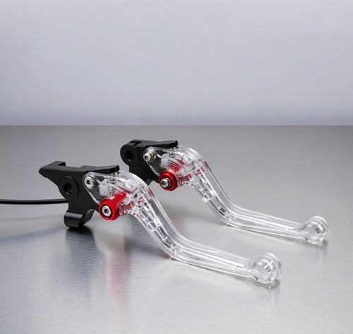 Brake and clutch lever set with a high-brightness LED strip moulded inside a see-through acrylic body. Standard 22 mm clamp, 165 mm blade, six-position reach dial. Bolts straight onto CG-series bikes.