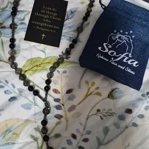 Natural Obsidian Yooperlite Rosary Necklace UV Reactive Protection Necklace Hematite Stone Cross Pendant Necklace Gift for her, gift for him