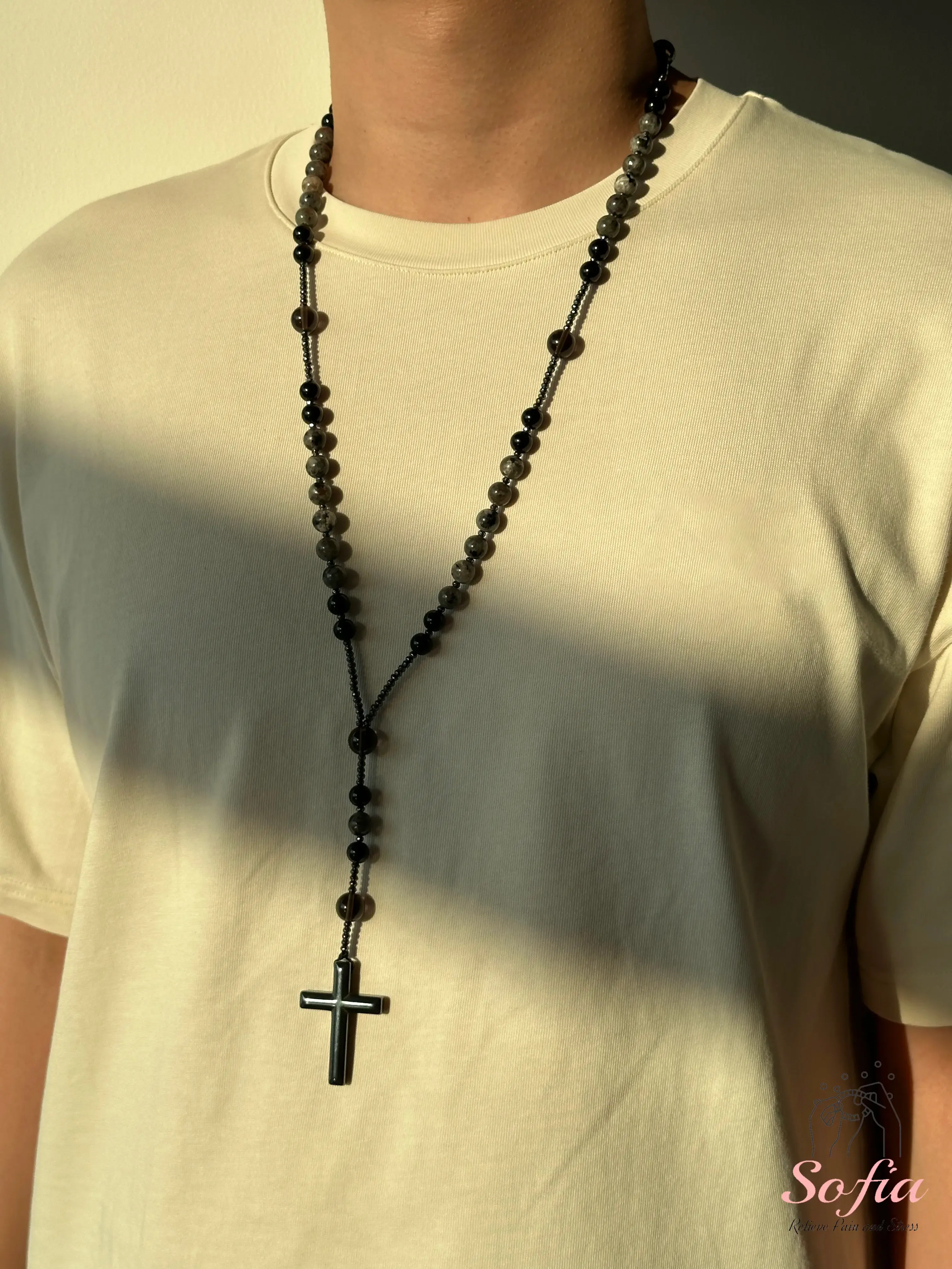 Natural Obsidian Yooperlite Rosary Necklace UV Reactive Protection Necklace Hematite Stone Cross Pendant Necklace Gift for her, gift for him