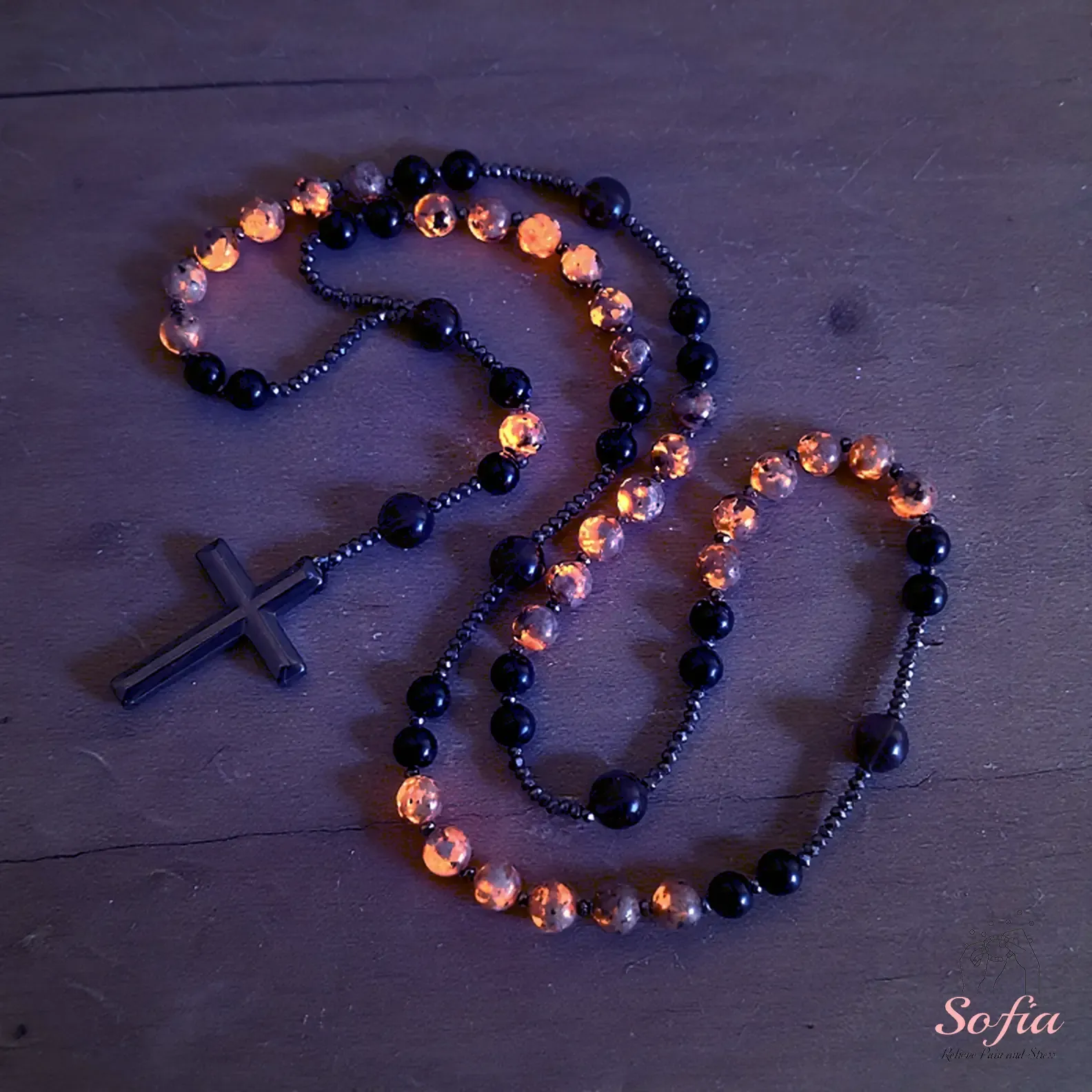 Natural Obsidian Yooperlite Rosary Necklace UV Reactive Protection Necklace Hematite Stone Cross Pendant Necklace Gift for her, gift for him
