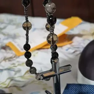 Natural Obsidian Yooperlite Rosary Necklace UV Reactive Protection Necklace Hematite Stone Cross Pendant Necklace Gift for her, gift for him