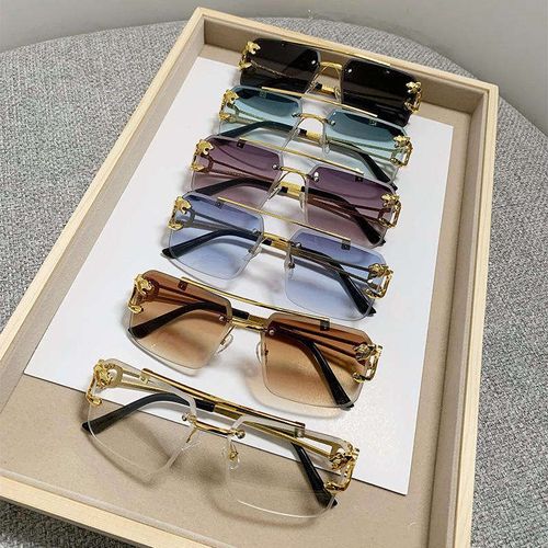 Hot sale frameless cut edge rectangular sunglasses for men and women universal frame leopard head double bridge sunglasses 2025 rimless sun glass