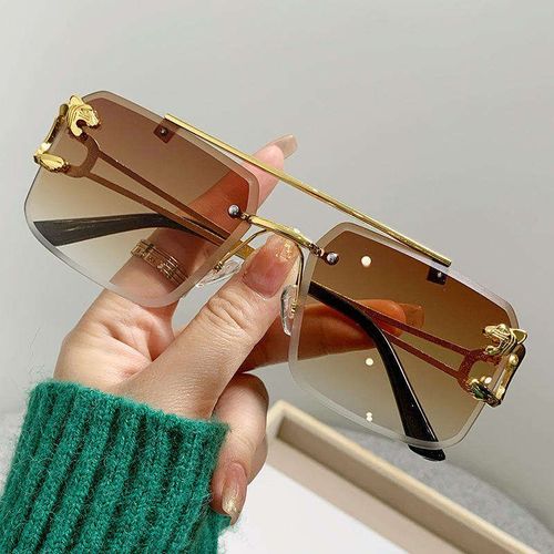 Hot sale frameless cut edge rectangular sunglasses for men and women universal frame leopard head double bridge sunglasses 2025 rimless sun glass