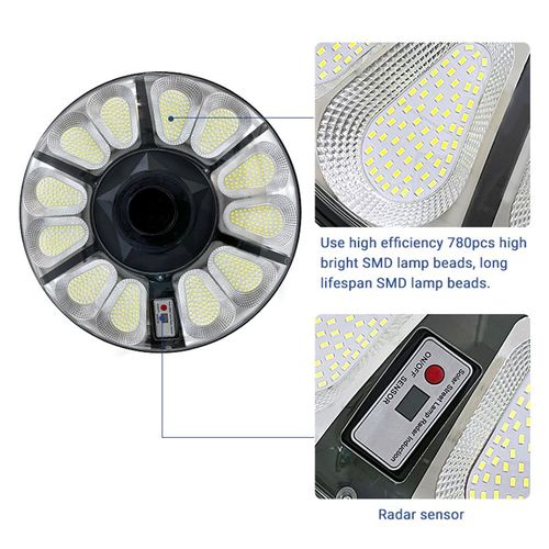 High-efficiency solar panel, polysilicon, ABS material, IP66 waterproof, 500W UFO-style LED solar garden light (Includes 118-inch long pole)