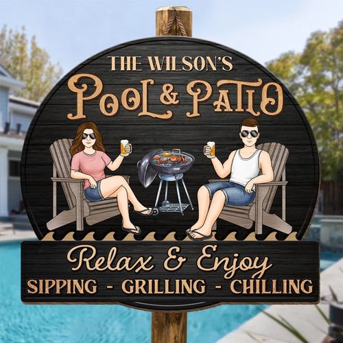 Just A Couple, Pool & Patio Sipping Chilling - Couple Personalized Custom Home Decor Wood Sign - Gift For Yourself, Husband Wife, Best Friends, Family Members