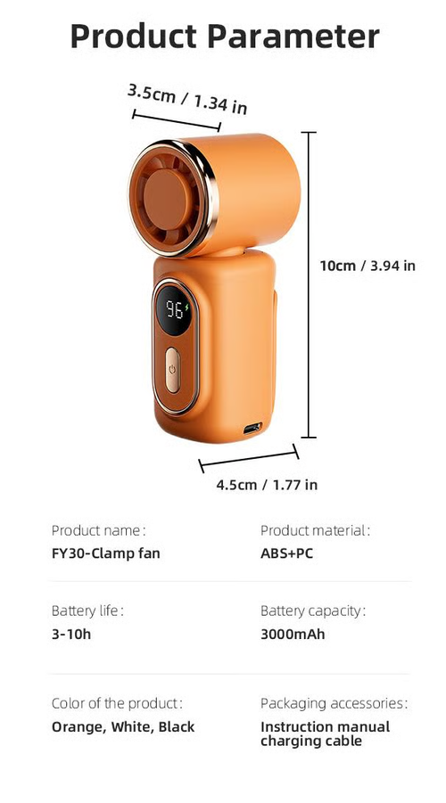 🌬️ Mini Portable Handheld Clip Fan – 3-in-1 Rechargeable 3000mAh Battery 🔋