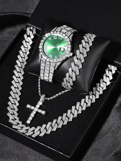 Street Trend Rhinestone Watch Set with Cuban Chain Unisex Fashion Jewelry Gift