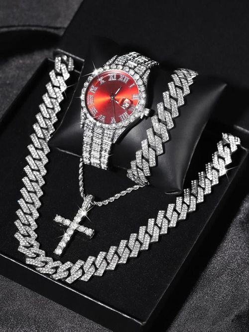 Street Trend Rhinestone Watch Set with Cuban Chain Unisex Fashion Jewelry Gift