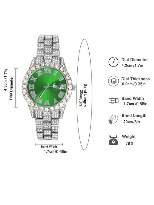 Street Trend Rhinestone Watch Set with Cuban Chain Unisex Fashion Jewelry Gift