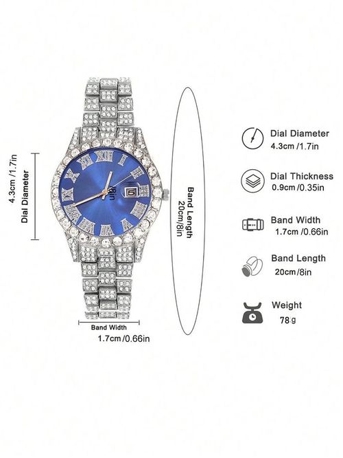 Street Trend Rhinestone Watch Set with Cuban Chain Unisex Fashion Jewelry Gift