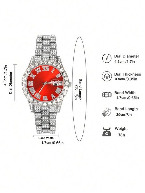 Street Trend Rhinestone Watch Set with Cuban Chain Unisex Fashion Jewelry Gift