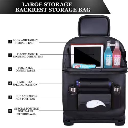 Car Seat Back Organizer with Foldable Table Tray Travel Storage Bag for Car
