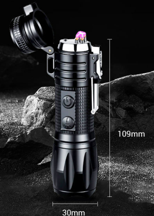 Lanterna LED de ignição de arco duplo multifuncional, luz forte, isqueiro portátil para exteriores, artefacto de autodefesa feminina