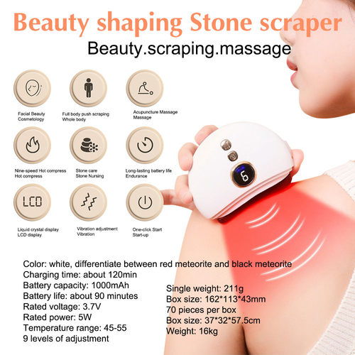 Facial massage scraping tool for neck and face lifting, reducing wrinkles with 9 levels of heating and vibration.