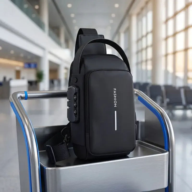 Bolsa masculina minimalista e multifuncional – Com fechadura antirroubo, alça ajustável para uso como bolsa transversal. Bolsa resistente à água, com porta USB. Ótima opção para uso no dia a dia, seja para negócios ou para deslocamentos urbanos.