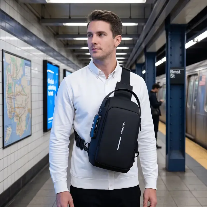 Bolsa masculina minimalista e multifuncional – Com fechadura antirroubo, alça ajustável para uso como bolsa transversal. Bolsa resistente à água, com porta USB. Ótima opção para uso no dia a dia, seja para negócios ou para deslocamentos urbanos.