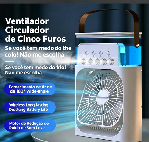 Ventilador portátil de arrefecimento a ar alimentado por USB com 3 velocidades e 5 modos de pulverização, além de uma luz de presença, ideal para mesas de cabeceira e mesas de centro.