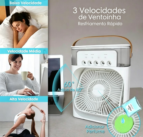 Ventilador portátil de arrefecimento a ar alimentado por USB com 3 velocidades e 5 modos de pulverização, além de uma luz de presença, ideal para mesas de cabeceira e mesas de centro.