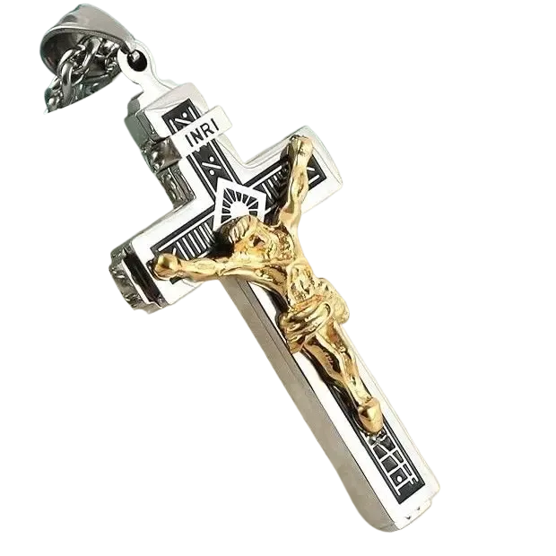 Pendente Cruz em Aço Inoxidável da Halo Accessories com Design Elegante e Inscrições - Acessório de Moda Masculina para um Estilo Respeitoso e Resistente.