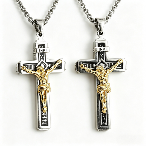 Pendente Cruz em Aço Inoxidável da Halo Accessories com Design Elegante e Inscrições - Acessório de Moda Masculina para um Estilo Respeitoso e Resistente.