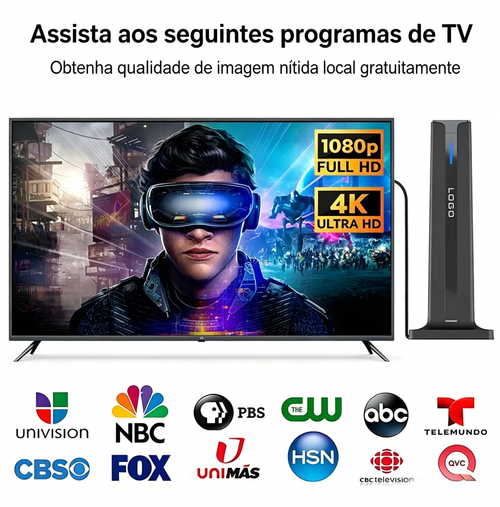 Antena de TV Digital HD, com resolução de 1080P e 4K Ultra HD. Permite recepção de sinal de alta qualidade em ambientes internos, com alcance longo. Ideal para entretenimento doméstico. Suporta canais como NBC, ABC e HSN.