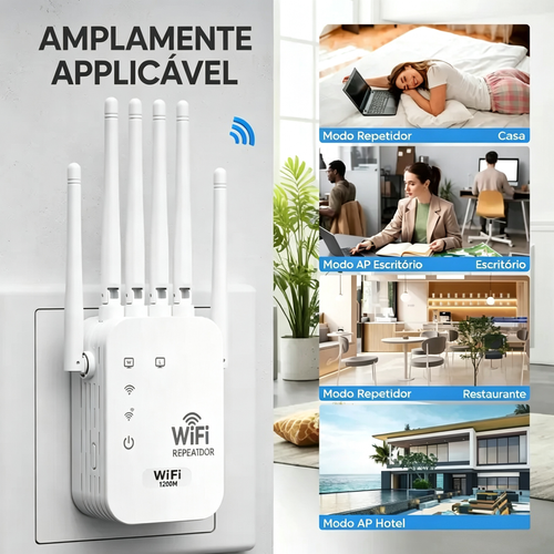 Extensor Wi-Fi 2026 com 6 antenas, sinal forte, amplificador de banda dupla de 1200 Mbps (5 GHz-2,4 GHz), cobre até 12.000 pés quadrados (aproximadamente 1.115 m²) - 100 dispositivos, repetidor com porta Gigabit - conectividade com IA, ideal para estúdios domésticos, espaços de trabalho remotos e áreas de realidade virtual.