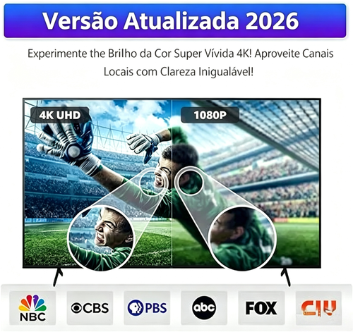 Antena de TV Digital HD, com resolução de 1080P e 4K Ultra HD. Permite recepção de sinal de alta qualidade em ambientes internos, com alcance longo. Ideal para entretenimento doméstico. Suporta canais como NBC, ABC e HSN.