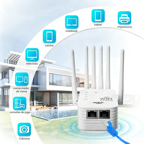 Extensor Wi-Fi 2026 com 6 antenas, sinal forte, amplificador de banda dupla de 1200 Mbps (5 GHz-2,4 GHz), cobre até 12.000 pés quadrados (aproximadamente 1.115 m²) - 100 dispositivos, repetidor com porta Gigabit - conectividade com IA, ideal para estúdios domésticos, espaços de trabalho remotos e áreas de realidade virtual.