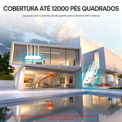 Extensor Wi-Fi 2026 com 6 antenas, sinal forte, amplificador de banda dupla de 1200 Mbps (5 GHz-2,4 GHz), cobre até 12.000 pés quadrados (aproximadamente 1.115 m²) - 100 dispositivos, repetidor com porta Gigabit - conectividade com IA, ideal para estúdios domésticos, espaços de trabalho remotos e áreas de realidade virtual.