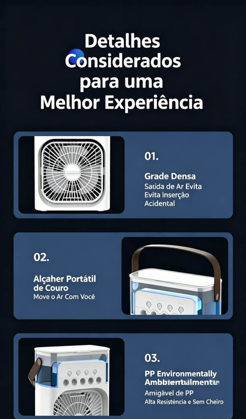 Ventilador portátil de arrefecimento a ar alimentado por USB com 3 velocidades e 5 modos de pulverização, além de uma luz de presença, ideal para mesas de cabeceira e mesas de centro.
