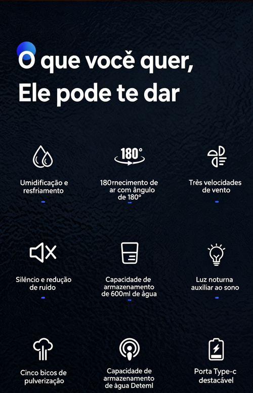 Ventilador portátil de arrefecimento a ar alimentado por USB com 3 velocidades e 5 modos de pulverização, além de uma luz de presença, ideal para mesas de cabeceira e mesas de centro.