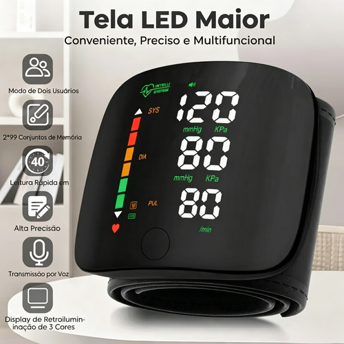 Novo e Atualizado Monitor de Pressão Arterial de Pulso Recarregável com Ecrã Táctil LED, Transmissão de Voz e Memória 99x2 — Monitorização Precisa da Pressão Arterial em Casa, Simplificado, Adequado para pulsos de 5,3 a 7,6 polegadas