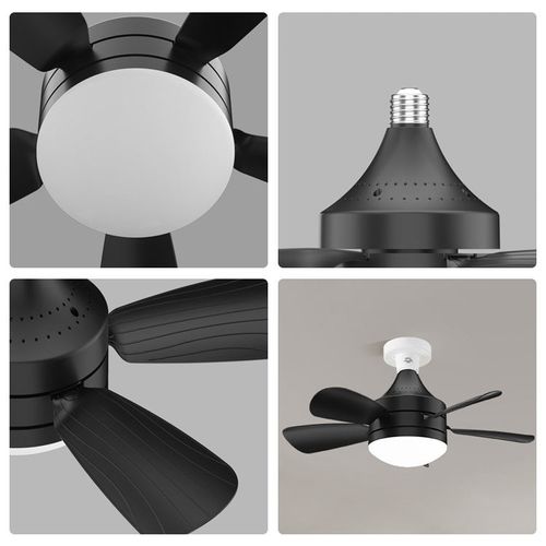 Socket Fan Light,Small Ceiling Fans with Lights and Remote, Dimmable LED Light Bulb Fan with 5 Fan Speeds, Socket Ceiling Fan for Bedroom, Kitchen, Living Room, Closet & Garage (Black)