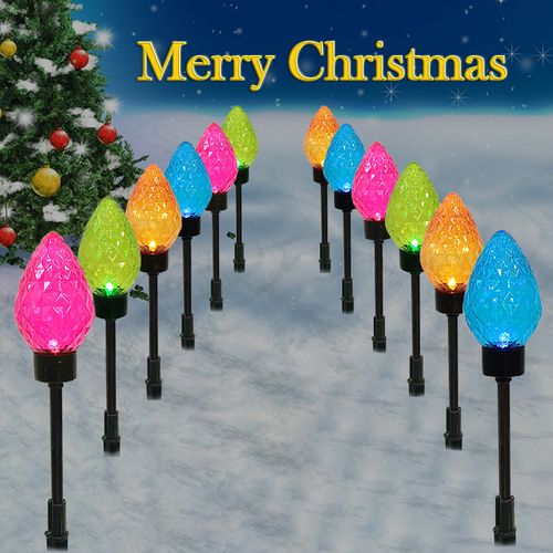 Set of 12 Solar Outdoor Lawn Lights, LED Christmas Celebration Ground Spike Lights, Colorful Bulbs for Garden Decoration and Holiday Lighting Large Strawberry Lights