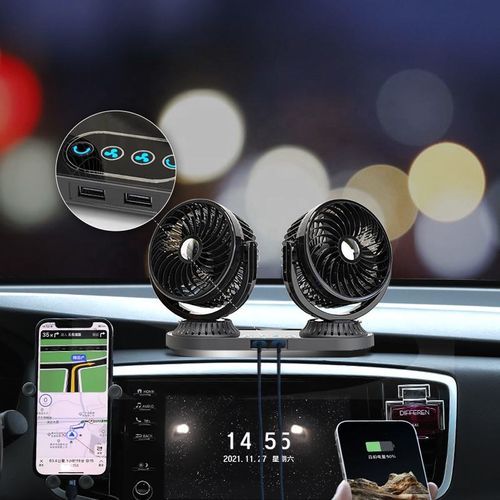 Automatic oscillating head car fan double head strong cooling car with electric fan