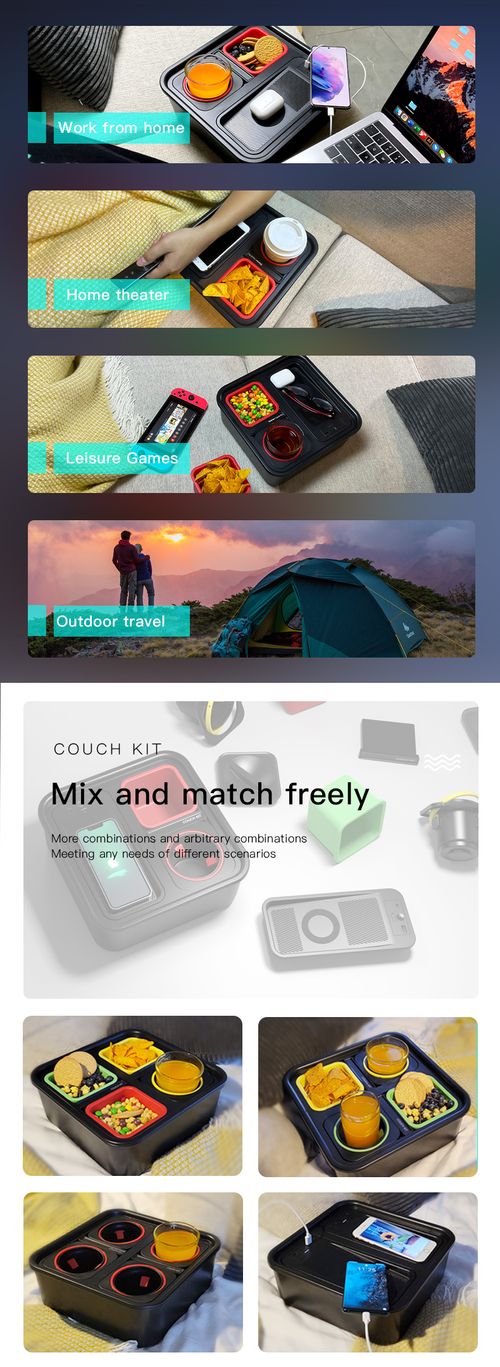 Tray - drink and snack sofa organizer with armrests, table with cell phone holder, TV remote storage and organizer - for living room, RV and car, outdoors.