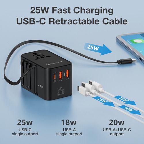 Power Adapter Type C Travel Wall Charger Universal Travel Adapter Built-in Usb C Cable