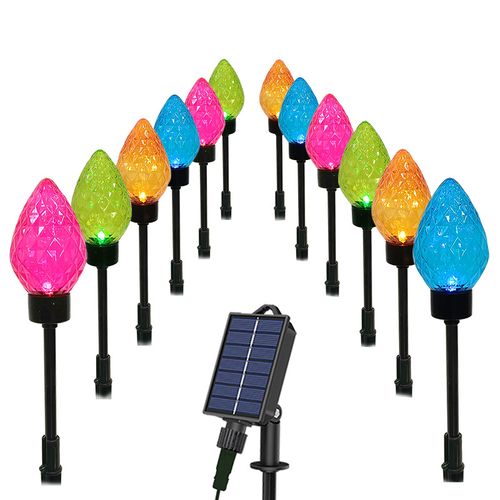 Set of 12 Solar Outdoor Lawn Lights, LED Christmas Celebration Ground Spike Lights, Colorful Bulbs for Garden Decoration and Holiday Lighting Large Strawberry Lights