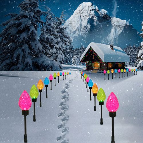 Set of 12 Solar Outdoor Lawn Lights, LED Christmas Celebration Ground Spike Lights, Colorful Bulbs for Garden Decoration and Holiday Lighting Large Strawberry Lights