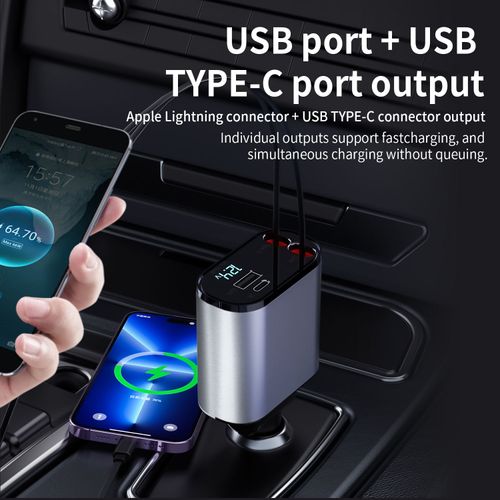 new design cable storage light emitting diode digital display quick adapter 2 port c type pd car station charger