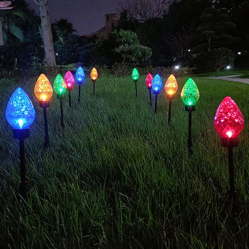 Set of 12 Solar Outdoor Lawn Lights, LED Christmas Celebration Ground Spike Lights, Colorful Bulbs for Garden Decoration and Holiday Lighting Large Strawberry Lights