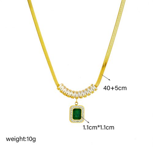 Fashionable women's gold jewelry set with green rhinestone pendant necklace, earrings, and bracelet as a gift.